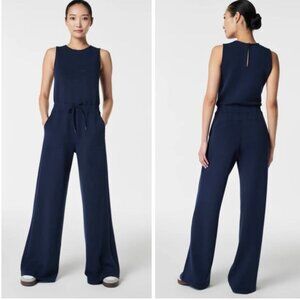 Spanx AirEssential Sleeveless Knit Stretch Jumpsuit Navy Blue Athleisure Size XL